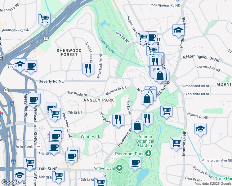 map of restaurants, bars, coffee shops, grocery stores, and more near 71 Maddox Drive Northeast in Atlanta