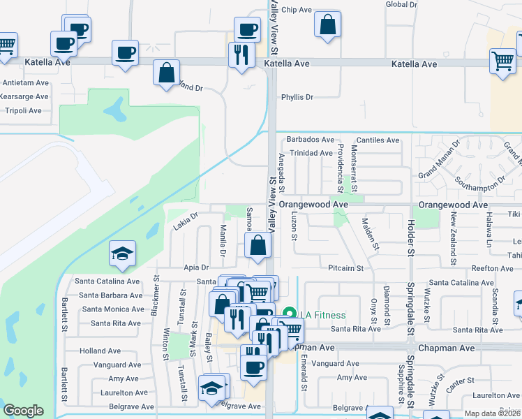 map of restaurants, bars, coffee shops, grocery stores, and more near 5971 Paradise Circle in Cypress