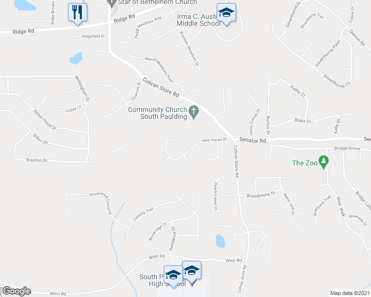 map of restaurants, bars, coffee shops, grocery stores, and more near 232 Hale Haven Drive in Douglasville