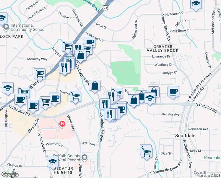 map of restaurants, bars, coffee shops, grocery stores, and more near 100 Paces Park Drive in Decatur