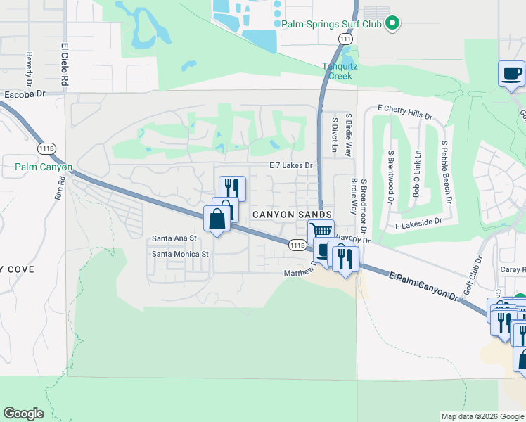 map of restaurants, bars, coffee shops, grocery stores, and more near 2480 South Linden Way in Palm Springs