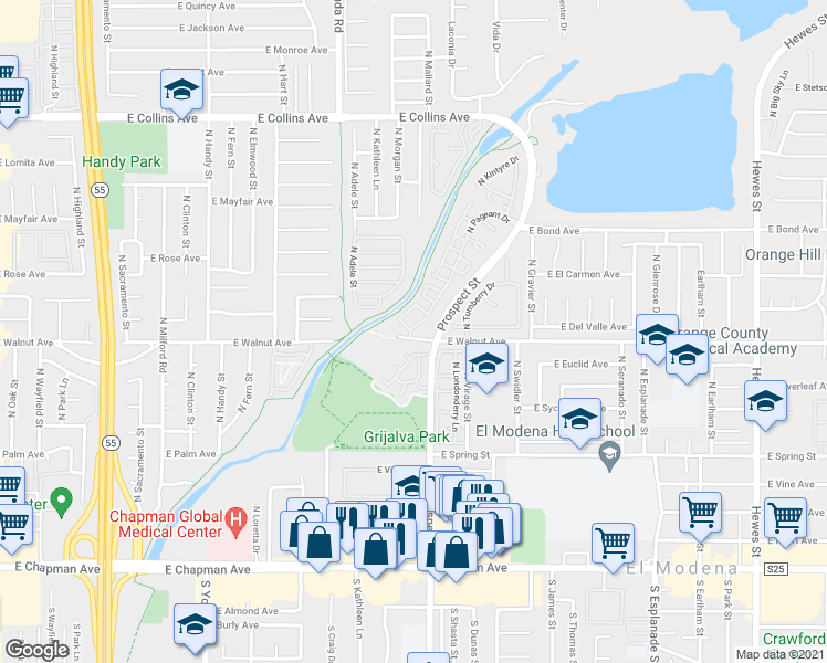 map of restaurants, bars, coffee shops, grocery stores, and more near 3239 East Vicksberry in Orange