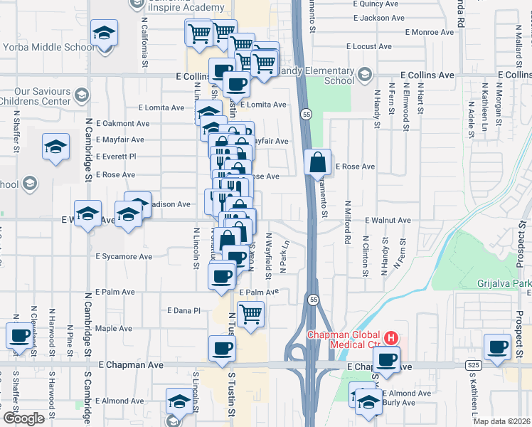 map of restaurants, bars, coffee shops, grocery stores, and more near 489 North Oak Street in Orange