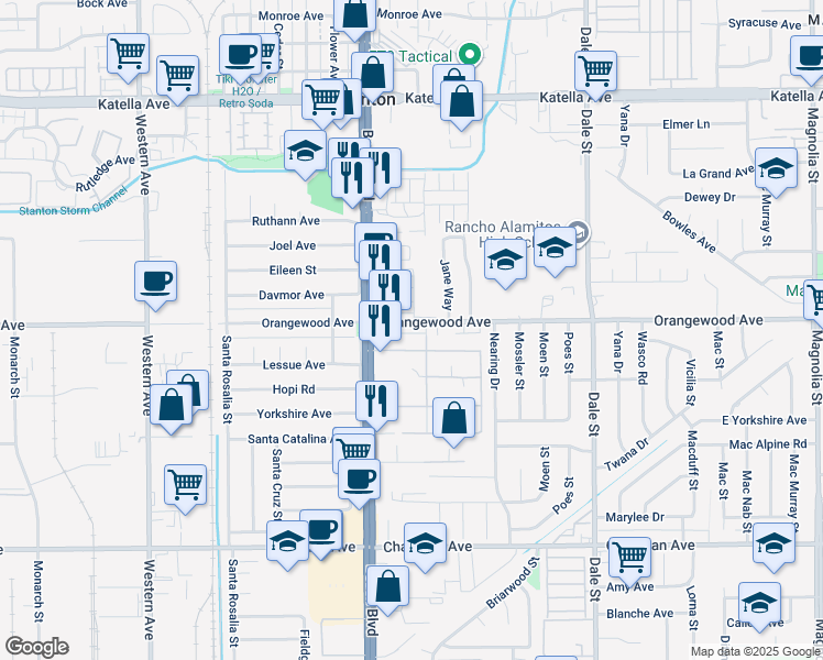 map of restaurants, bars, coffee shops, grocery stores, and more near 8111 Hynes Road in Stanton
