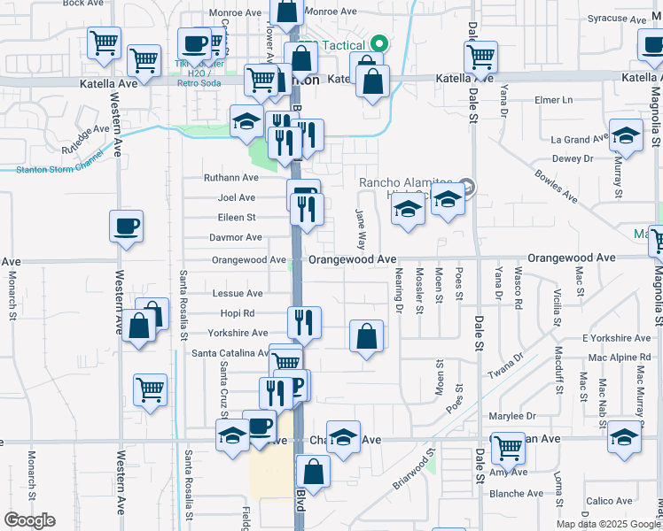 map of restaurants, bars, coffee shops, grocery stores, and more near 8100 Orangewood Avenue in Stanton