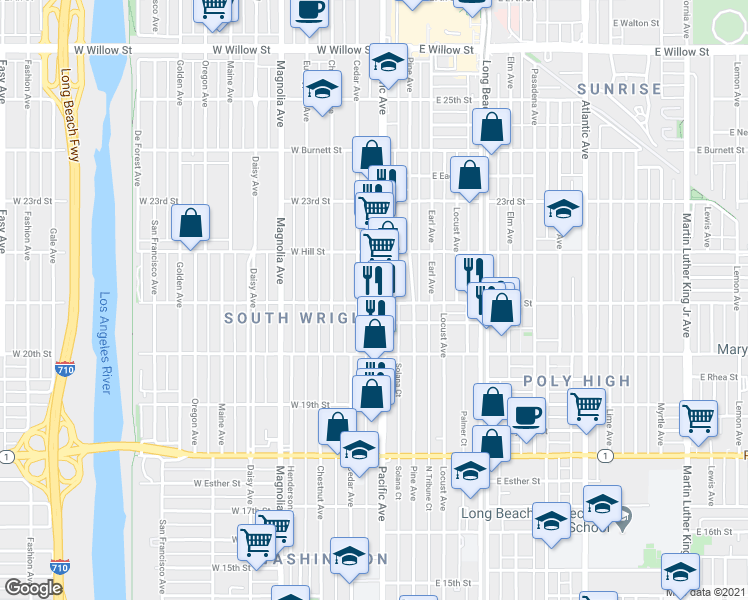 map of restaurants, bars, coffee shops, grocery stores, and more near in Long Beach