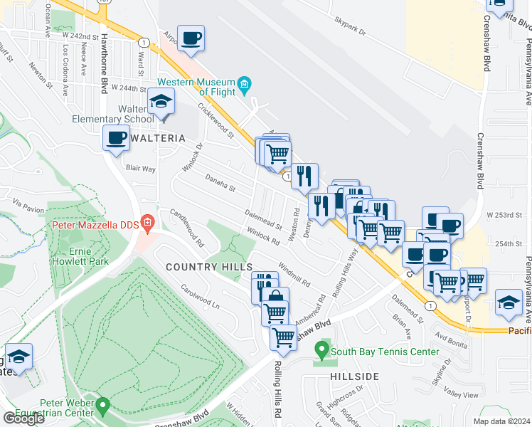 map of restaurants, bars, coffee shops, grocery stores, and more near in Torrance