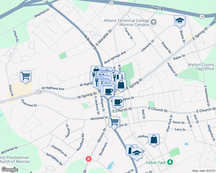 map of restaurants, bars, coffee shops, grocery stores, and more near 118 North Broad Street in Monroe