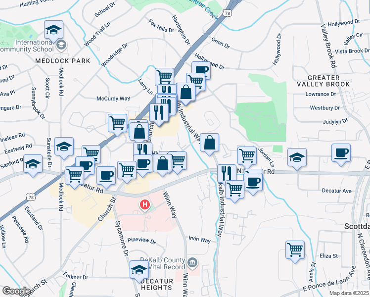 map of restaurants, bars, coffee shops, grocery stores, and more near 2685 Milscott Drive in Decatur