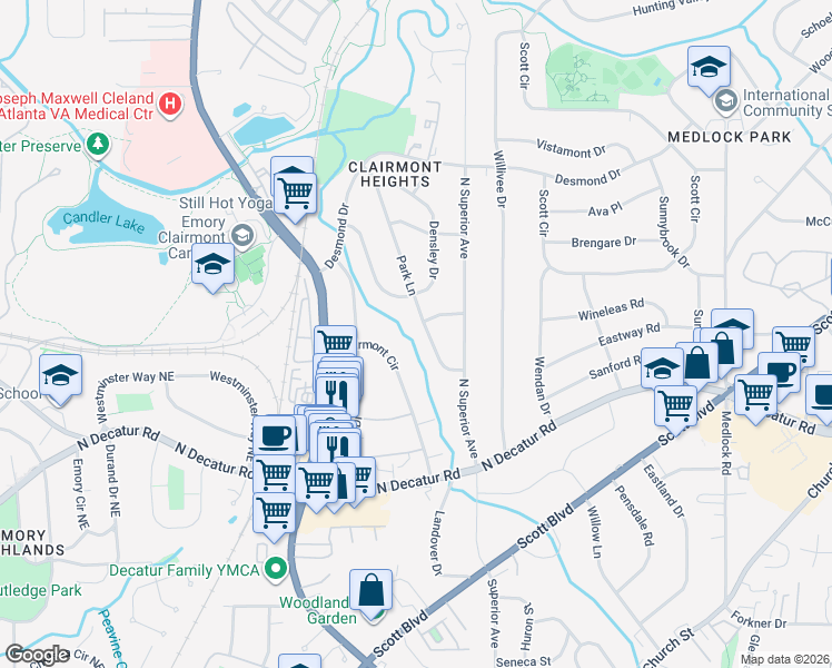 map of restaurants, bars, coffee shops, grocery stores, and more near 628 Park Lane in Decatur