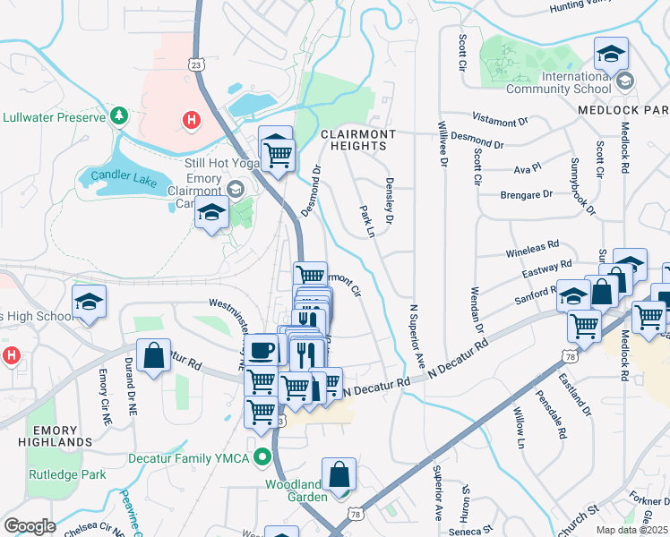 map of restaurants, bars, coffee shops, grocery stores, and more near 643 Webster Drive in Decatur