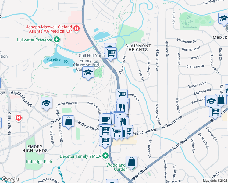 map of restaurants, bars, coffee shops, grocery stores, and more near 639 Brennan Drive in Decatur