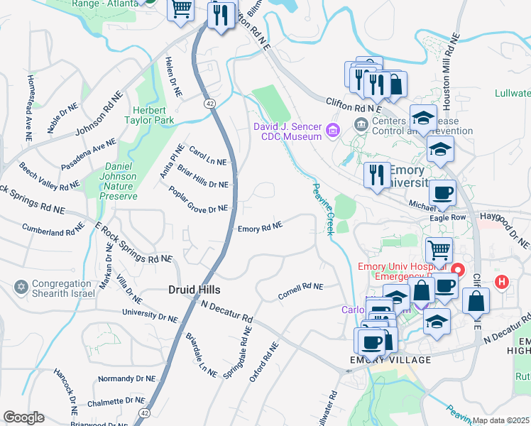 map of restaurants, bars, coffee shops, grocery stores, and more near 1366 Emory Road Northeast in Atlanta