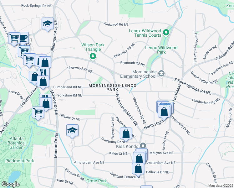 map of restaurants, bars, coffee shops, grocery stores, and more near 1479 North Morningside Drive Northeast in Atlanta