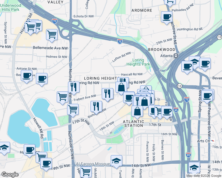 map of restaurants, bars, coffee shops, grocery stores, and more near 433 Trabert Avenue Northwest in Atlanta