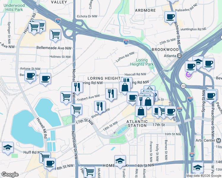 map of restaurants, bars, coffee shops, grocery stores, and more near 1480 Groveland Avenue Northwest in Atlanta