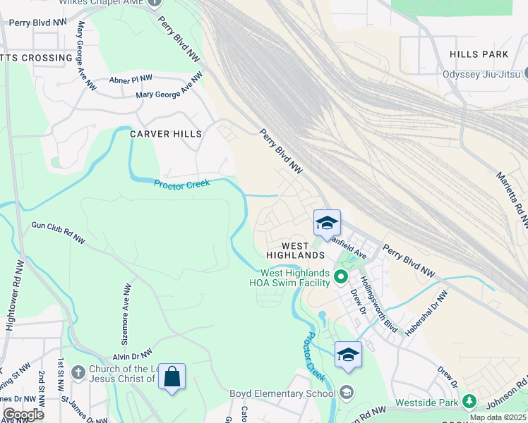 map of restaurants, bars, coffee shops, grocery stores, and more near 2042 Drew Drive in Atlanta