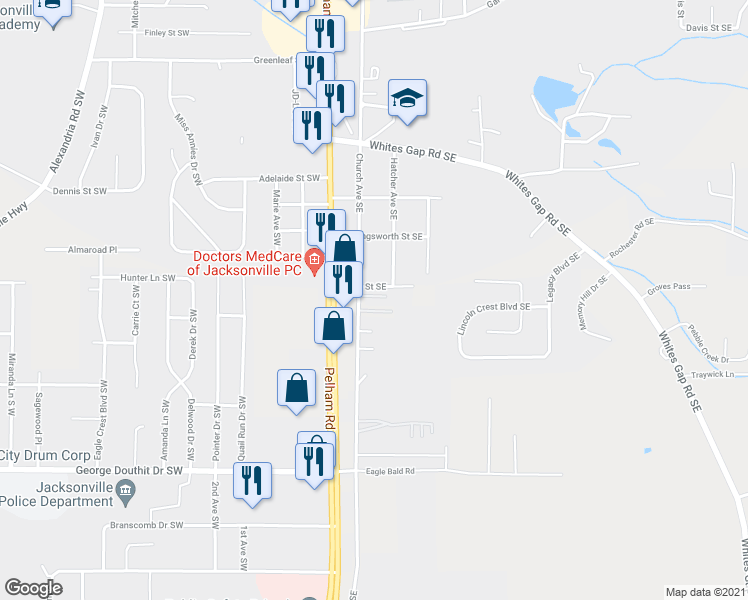 map of restaurants, bars, coffee shops, grocery stores, and more near 1506 Church Avenue Southeast in Jacksonville