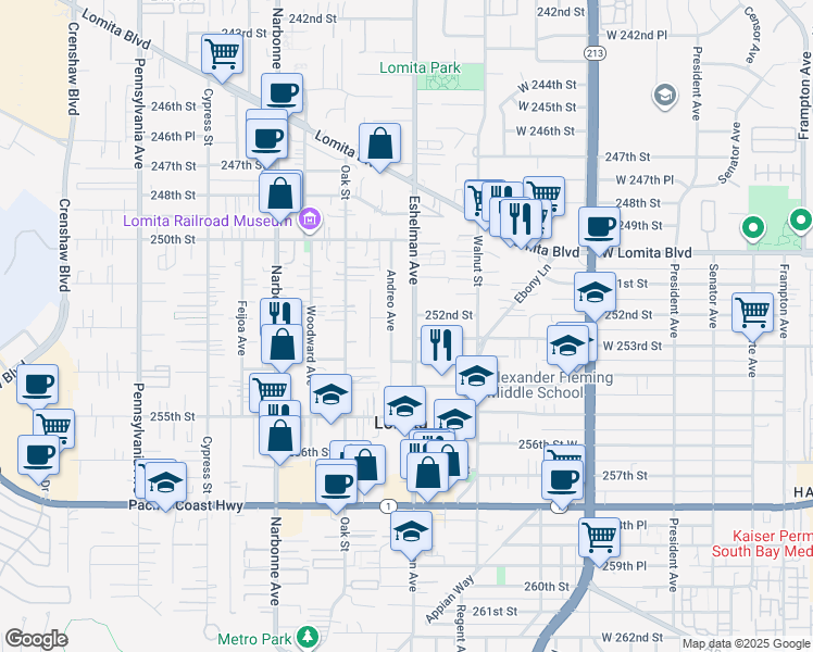 map of restaurants, bars, coffee shops, grocery stores, and more near 25211 Eshelman Avenue in Lomita