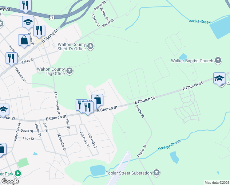 map of restaurants, bars, coffee shops, grocery stores, and more near 521 Landers Street in Monroe
