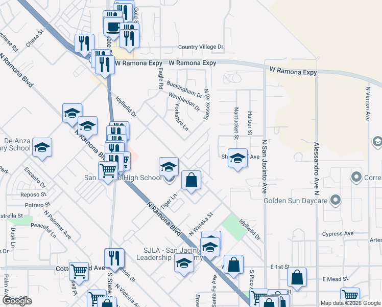 map of restaurants, bars, coffee shops, grocery stores, and more near 540 Berkshire Lane in San Jacinto