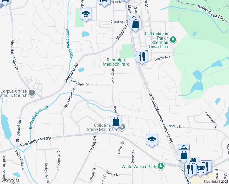 map of restaurants, bars, coffee shops, grocery stores, and more near 633 Ridge Avenue in Stone Mountain
