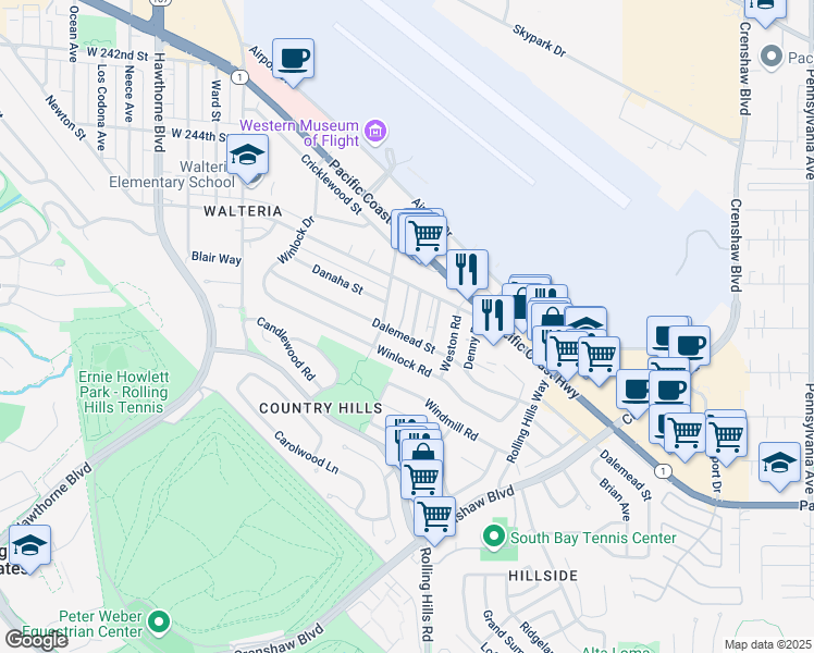 map of restaurants, bars, coffee shops, grocery stores, and more near 25227 Loytan Street in Torrance