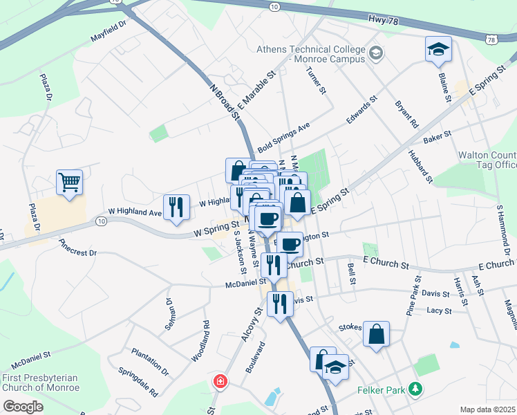map of restaurants, bars, coffee shops, grocery stores, and more near 121 North Broad Street in Monroe