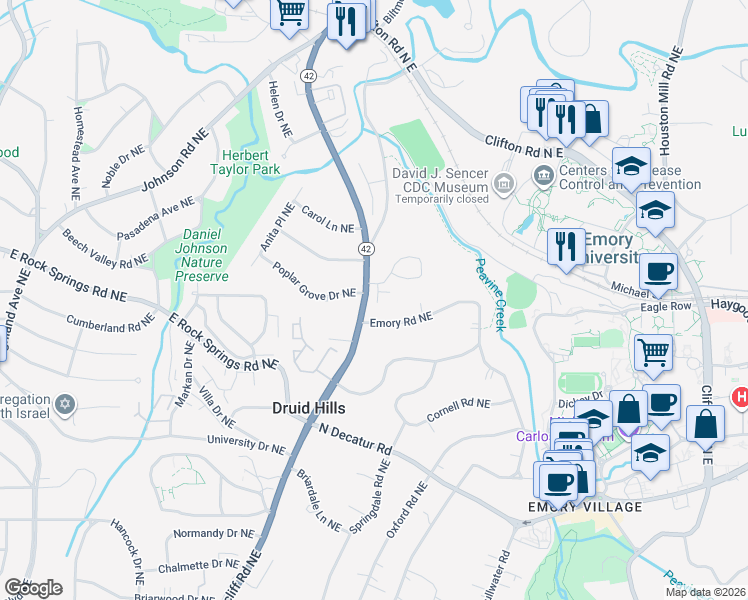 map of restaurants, bars, coffee shops, grocery stores, and more near 1480 Briarcliff Road Northeast in Atlanta