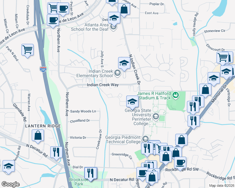 map of restaurants, bars, coffee shops, grocery stores, and more near 500 Ridge Creek Drive in Clarkston