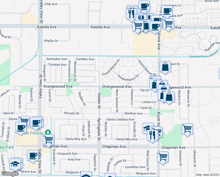 map of restaurants, bars, coffee shops, grocery stores, and more near 6587 Panay Street in Cypress
