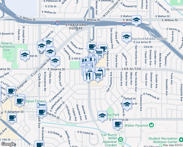 map of restaurants, bars, coffee shops, grocery stores, and more near 2110 North Bellflower Boulevard in Long Beach
