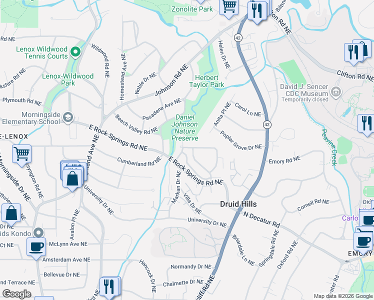 map of restaurants, bars, coffee shops, grocery stores, and more near 650 Kimberly Lane Northeast in Atlanta