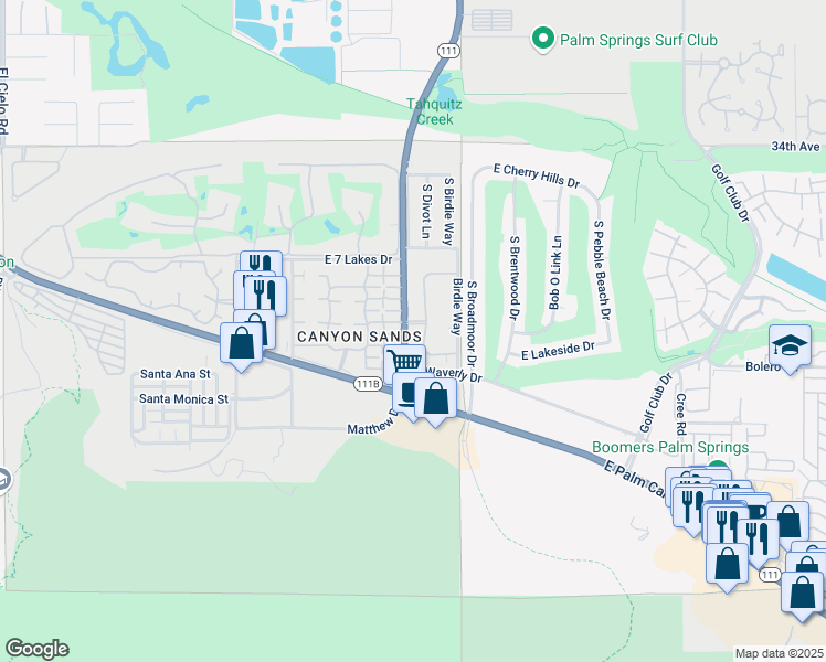 map of restaurants, bars, coffee shops, grocery stores, and more near 4735 South Winners Circle in Palm Springs