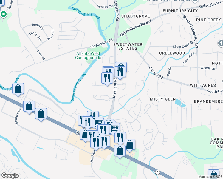 map of restaurants, bars, coffee shops, grocery stores, and more near 393 Maxham Road in Austell