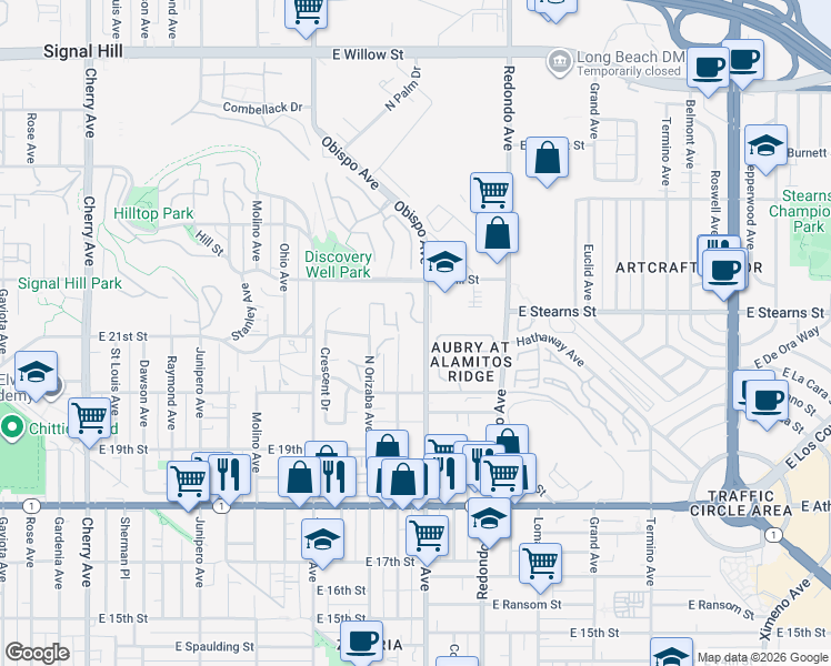 map of restaurants, bars, coffee shops, grocery stores, and more near 1528 North Freeman Avenue in Signal Hill