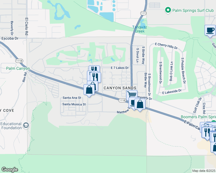 map of restaurants, bars, coffee shops, grocery stores, and more near 2480 South Linden Way in Palm Springs