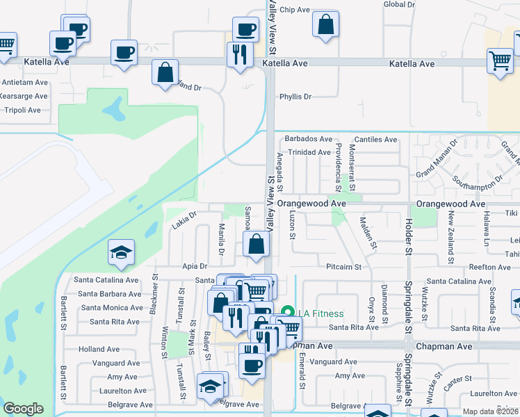 map of restaurants, bars, coffee shops, grocery stores, and more near 5971 Paradise Circle in Cypress