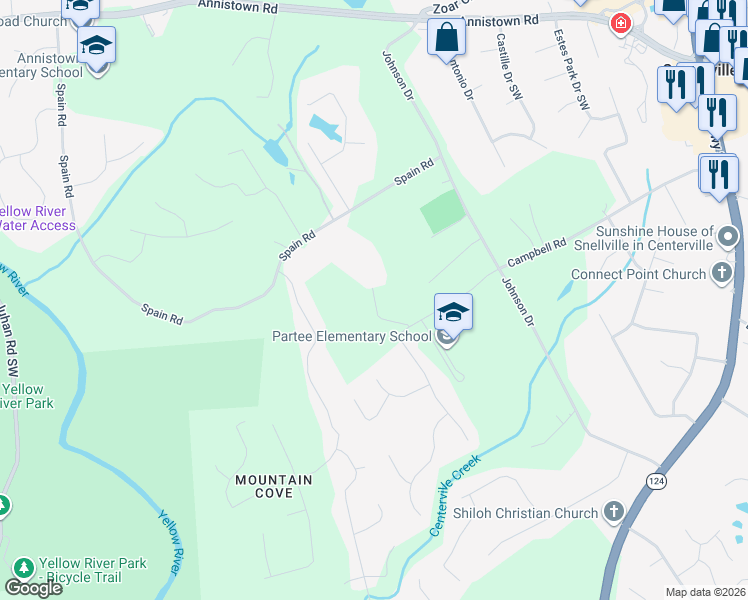 map of restaurants, bars, coffee shops, grocery stores, and more near 4381 Campbell Road in Snellville