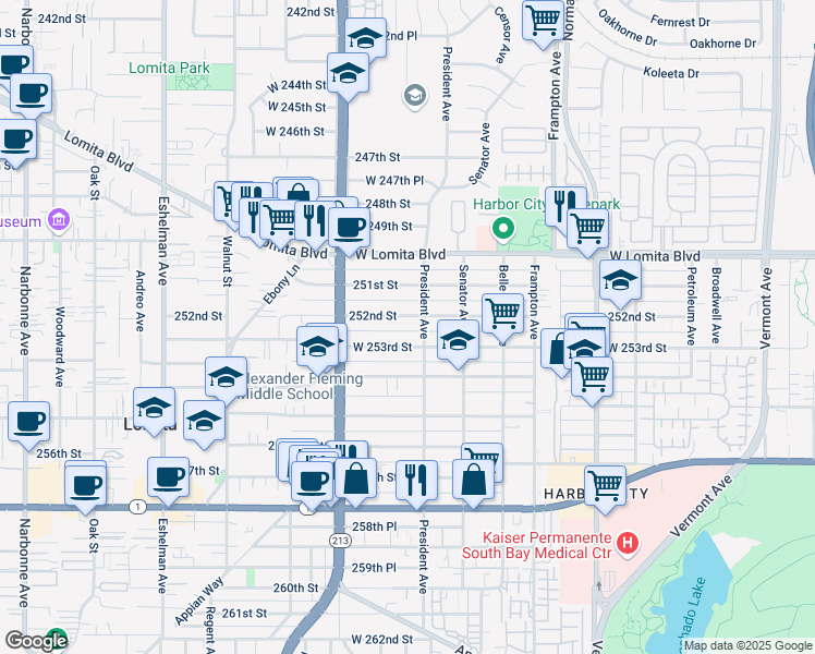 map of restaurants, bars, coffee shops, grocery stores, and more near 1616 252nd Street in Los Angeles