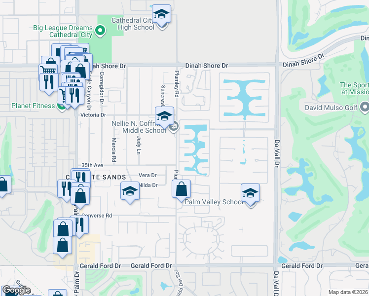map of restaurants, bars, coffee shops, grocery stores, and more near 9 Lake Como Court in Rancho Mirage