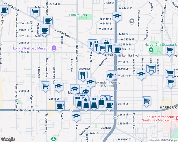 map of restaurants, bars, coffee shops, grocery stores, and more near 25213 Walnut Street in Lomita