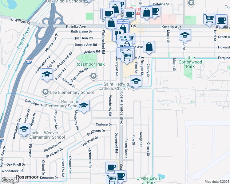 map of restaurants, bars, coffee shops, grocery stores, and more near 11521 Davenport Road in Los Alamitos