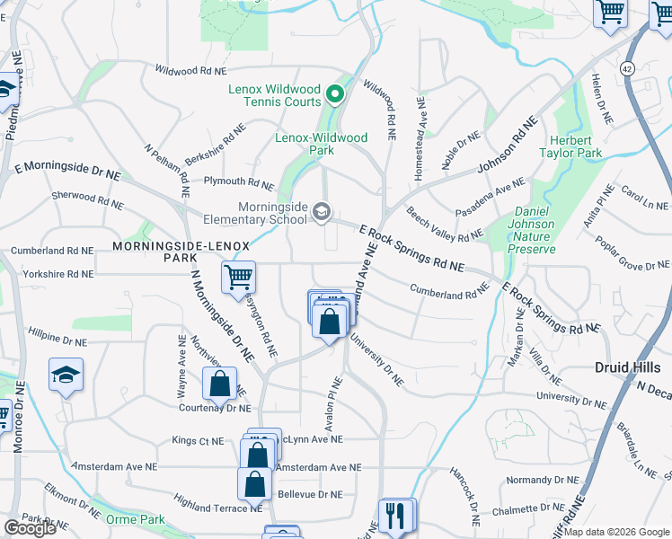 map of restaurants, bars, coffee shops, grocery stores, and more near 1056 Reeder Circle Northeast in Atlanta