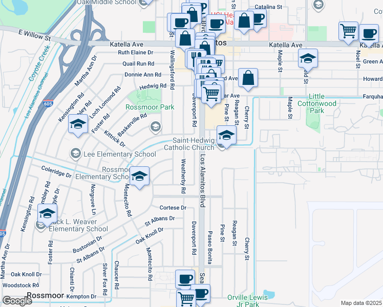 map of restaurants, bars, coffee shops, grocery stores, and more near 11521 Davenport Road in Los Alamitos