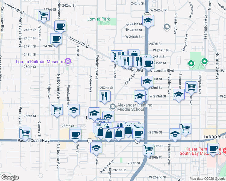 map of restaurants, bars, coffee shops, grocery stores, and more near 25213 Walnut Street in Lomita