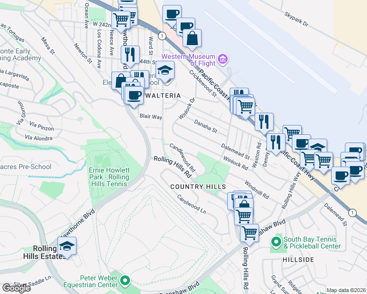 map of restaurants, bars, coffee shops, grocery stores, and more near 3309 Whiffletree Lane in Torrance