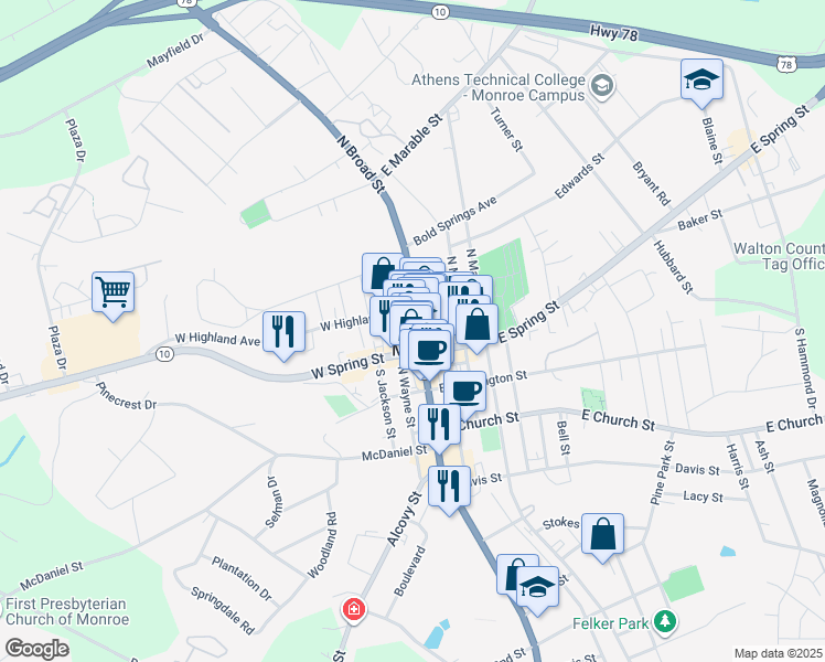 map of restaurants, bars, coffee shops, grocery stores, and more near 125 North Broad Street in Monroe