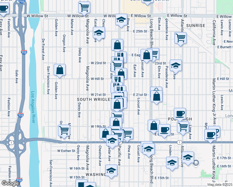 map of restaurants, bars, coffee shops, grocery stores, and more near 213 West 21st Street in Long Beach