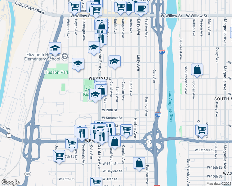 map of restaurants, bars, coffee shops, grocery stores, and more near 2082 Canal Avenue in Long Beach